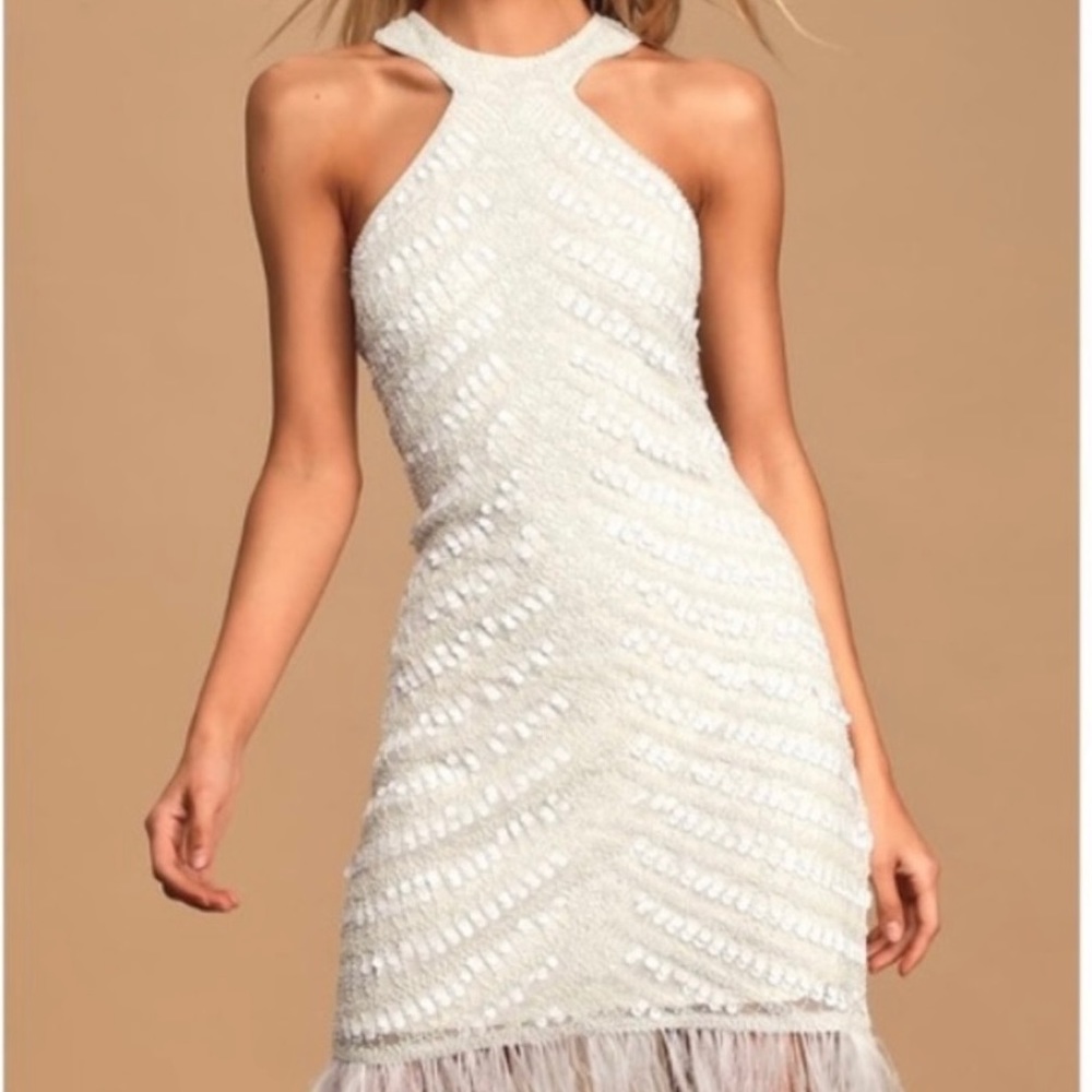 White beaded halter top body on mini dress with feather trim